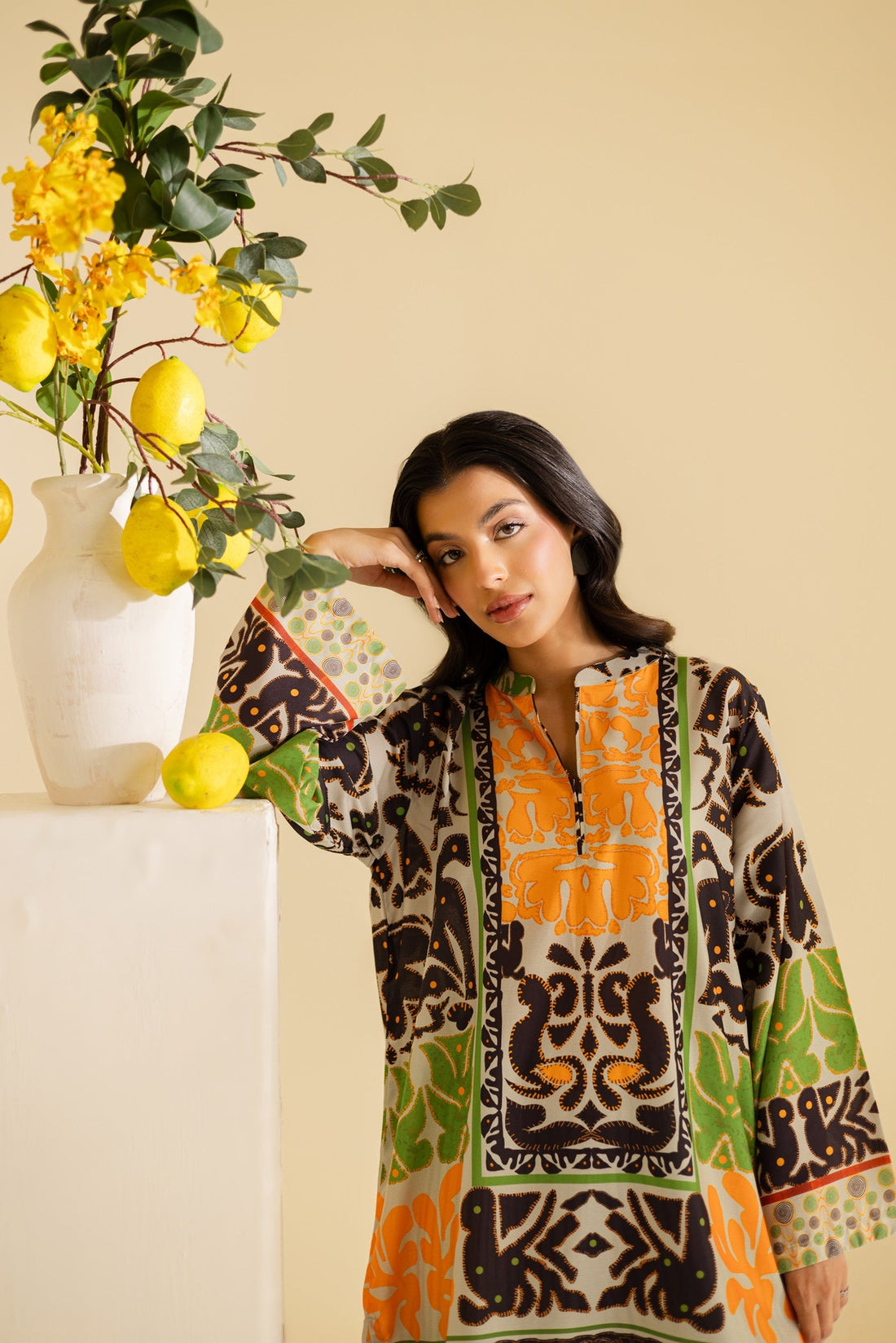 Women's Abstract Print Co-ord Set – Orange & Green Two-Piece Outfit U18