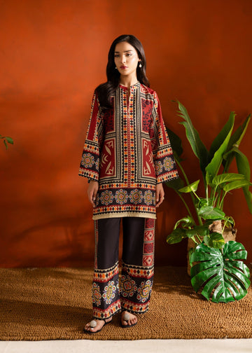 Crimson Charm Geometric & Floral Printed Co-ord set - U4