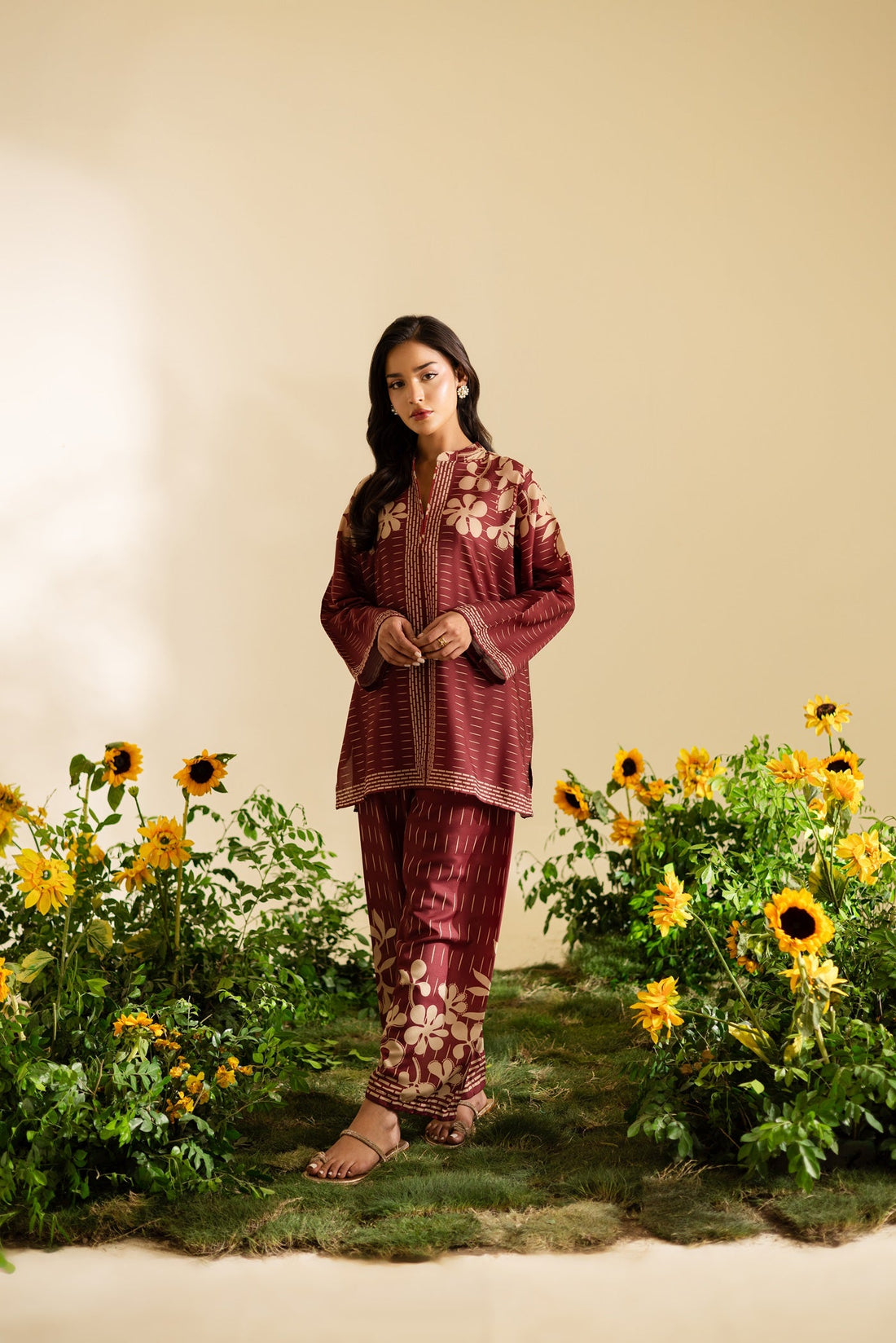 Maroon Beige Floral Printed Co-ord Set U5
