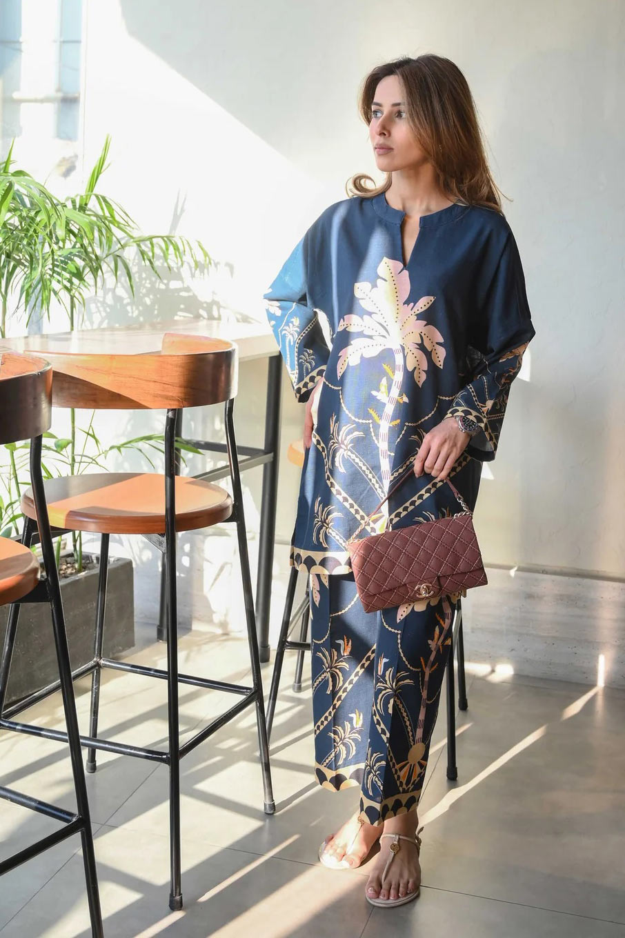 Navy Blue Palm Tree Print Co-ord Set U9