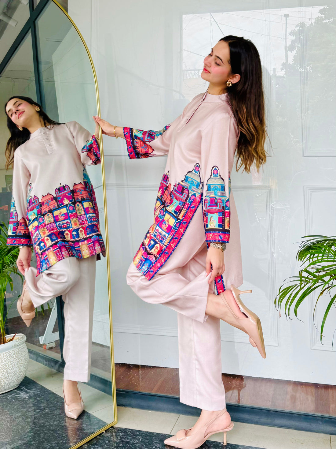 Pastel Pink Architectural Print Rayon Co-ord Set for Women U28