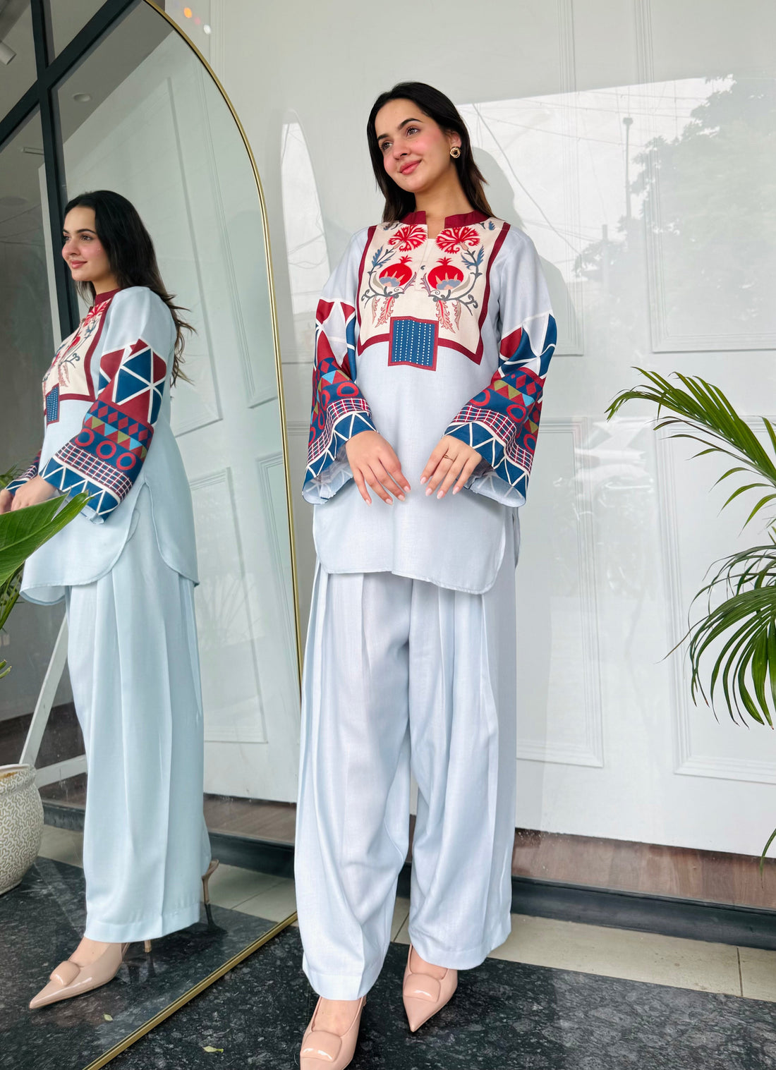 Soft Blue Co-ord Set with Bold Floral & Geometric Detailing U24