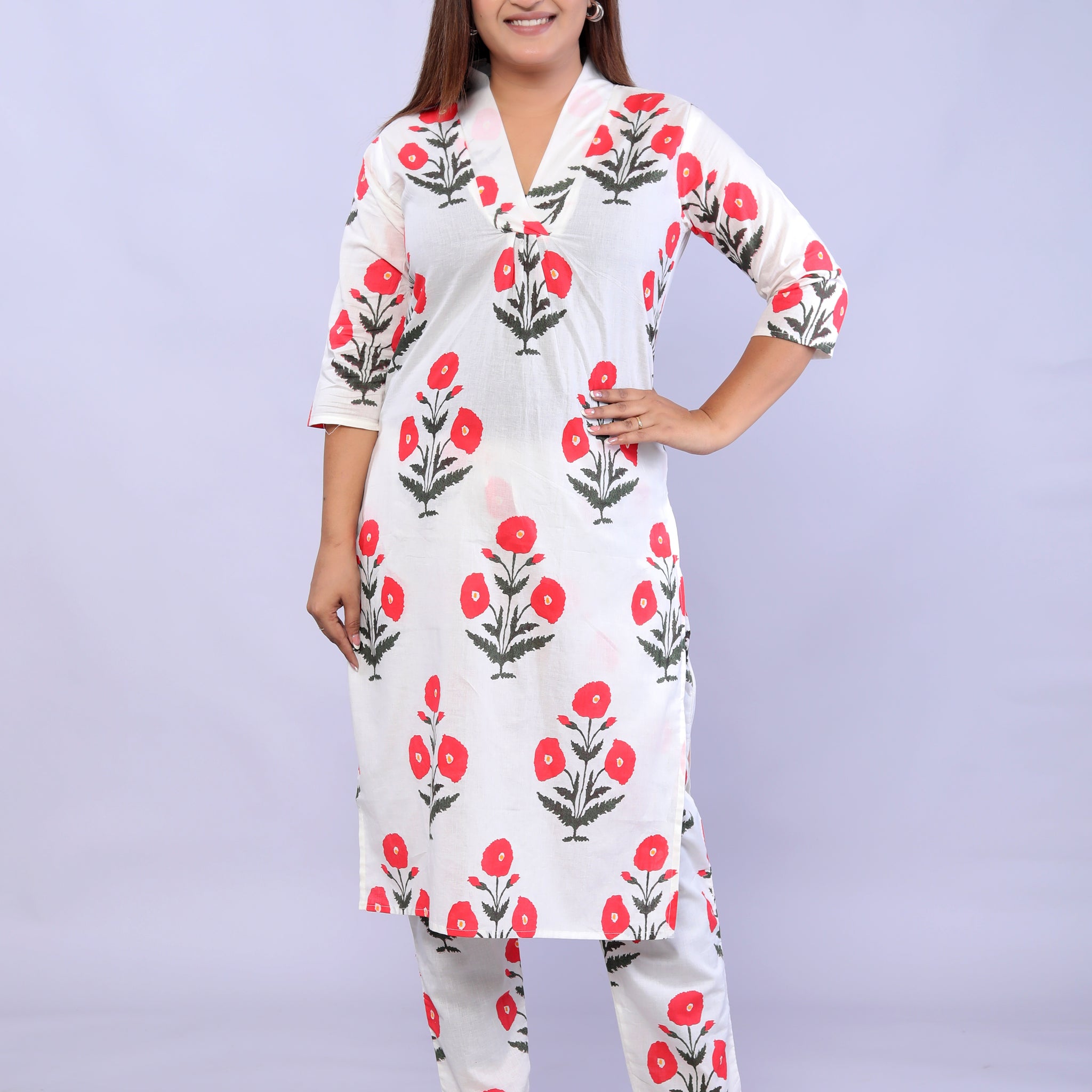 Red Flower plant print Muslin Cotton Co-ord Set VT6008