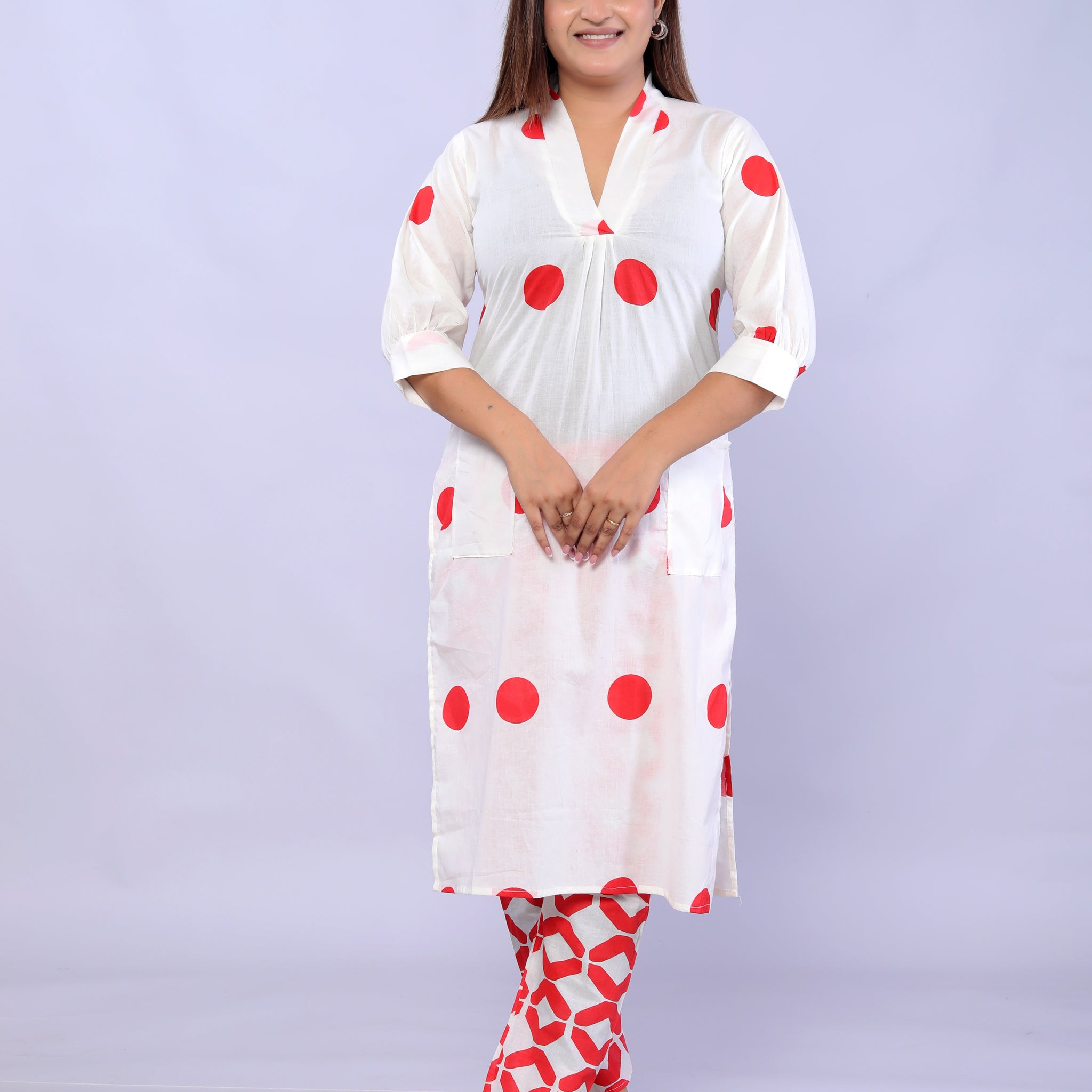 Red polka dots printed Cotton Co-ord Set D6042