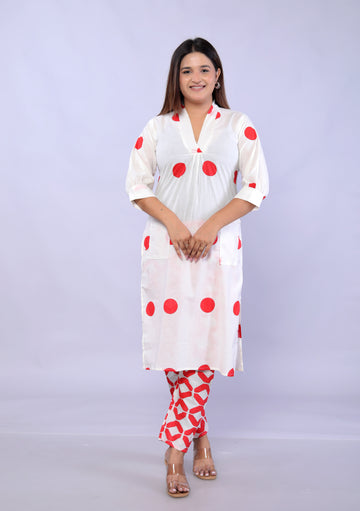 Red polka dots printed Cotton Co-ord Set D6042