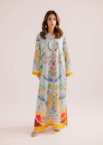 Floral Botanical Folk Print Kaftan Dress with Statement Border Design U48
