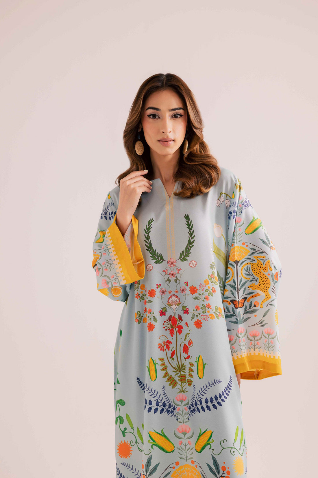 Floral Botanical Folk Print Kaftan Dress with Statement Border Design U48