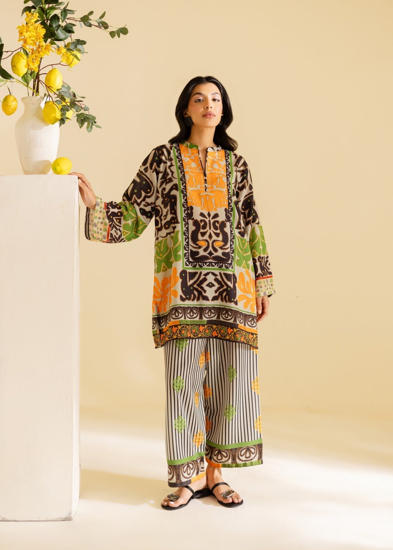 Women's Abstract Print Co-ord Set – Orange & Green Two-Piece Outfit U18