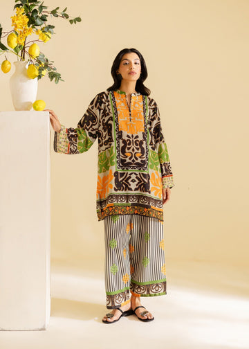 Women's Abstract Print Co-ord Set – Orange & Green Two-Piece Outfit U18
