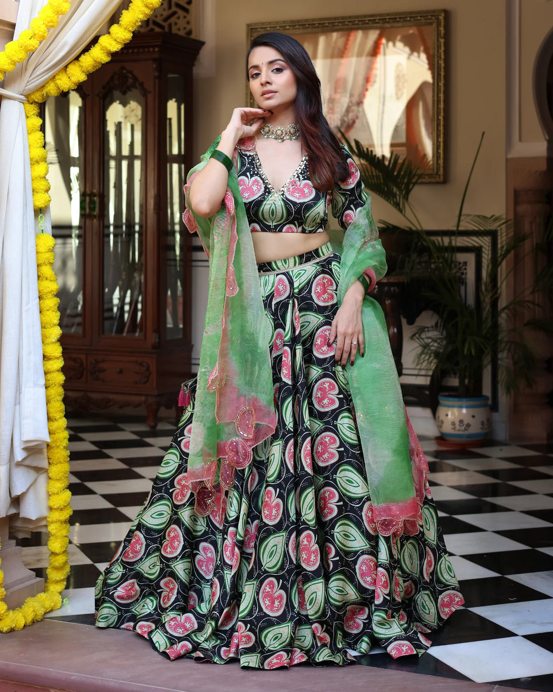 Blossom And Leaf Harmony Black Printed Satin Lehenga Set D5008