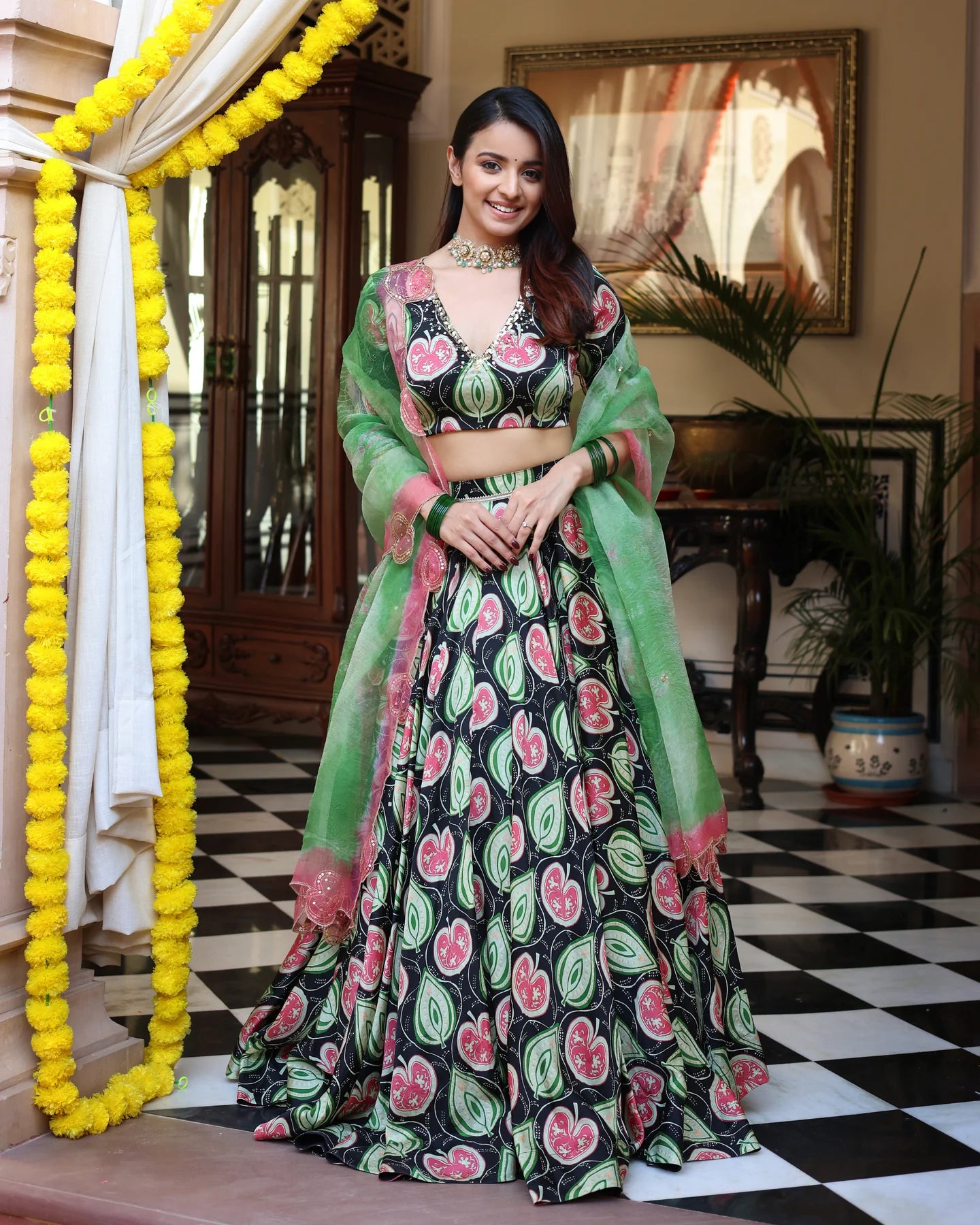 Blossom And Leaf Harmony Black Printed Satin Lehenga Set D5008