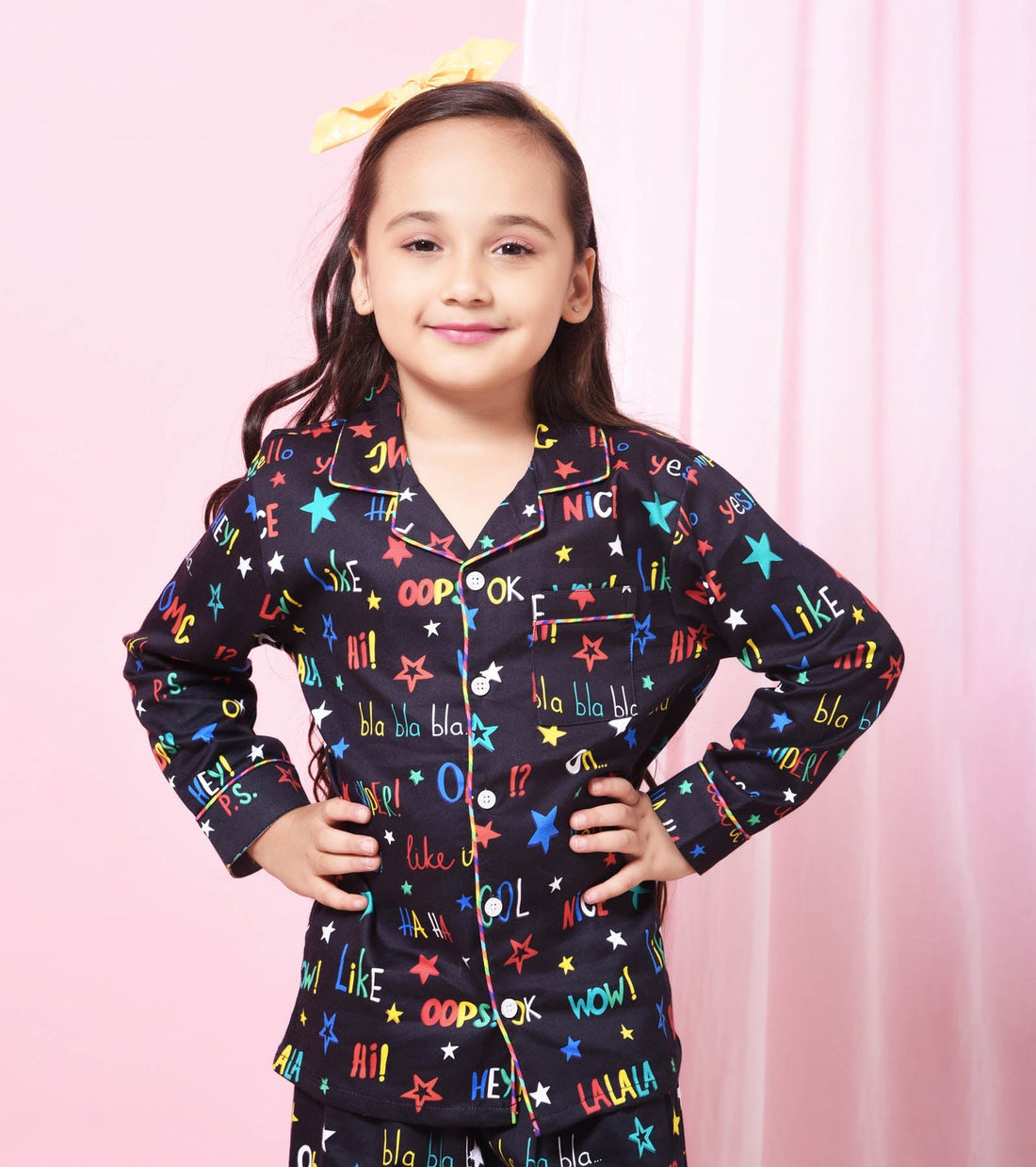 Black Text Print Trendy Girls Nightsuit Set D117