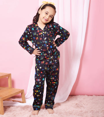 Black Text Print Trendy Girls Nightsuit Set D117