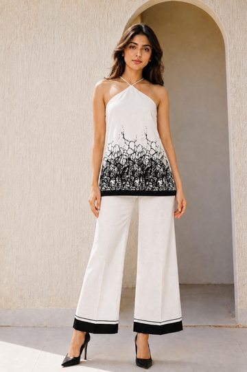 Women's White & Black Abstract Print Halter Neck Co-ord Set D68