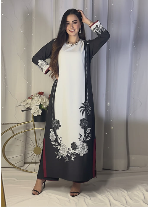 Elegant Black and White Contrast Abaya Dress with Floral and Palm Print U40