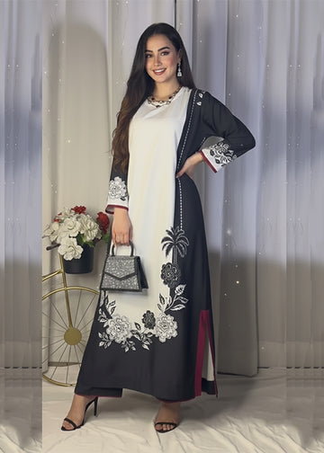 Elegant Black and White Contrast Abaya Dress with Floral and Palm Print U40