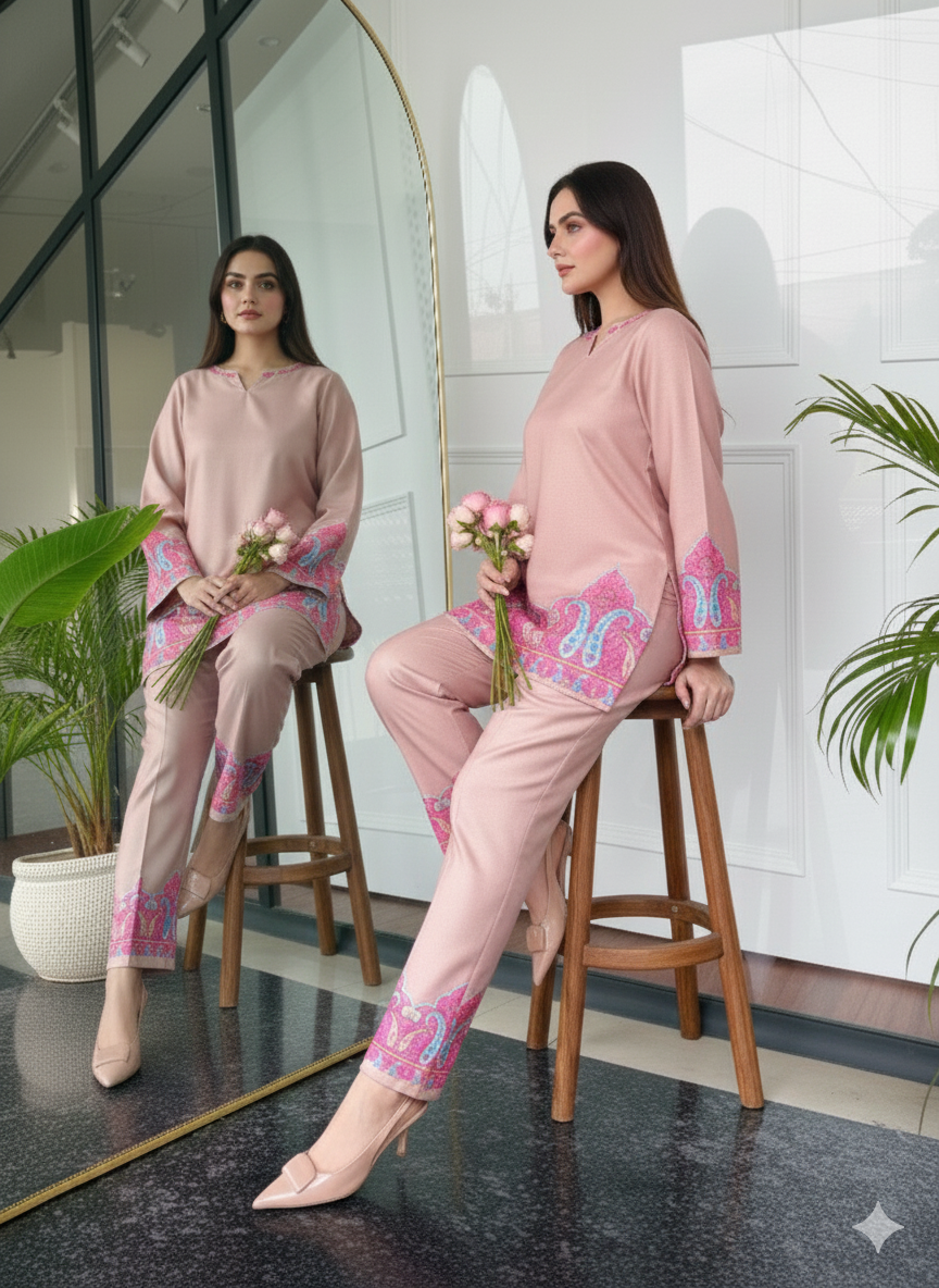 Elegant Blush Pink Paisley Print Co-ord Set for Women U30 |Utsav Bazar