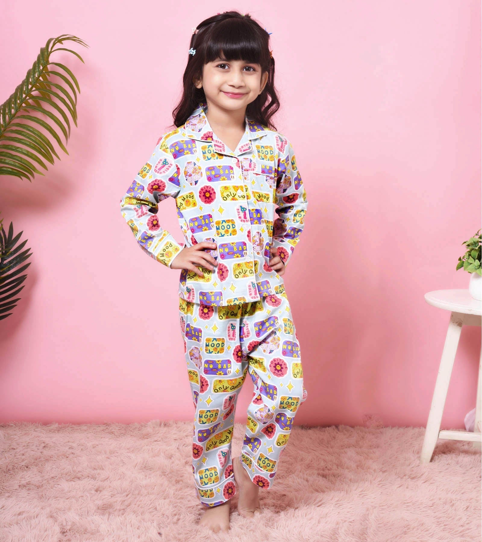 Good Mood Text Printed Girls Nightsuit Set D111