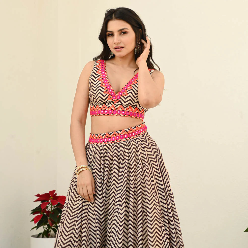 Bunaai Black Stripes Chanderi Lehenga Set D5011