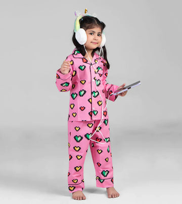 Pink Heart Printed Girls Nightsuit Set D101