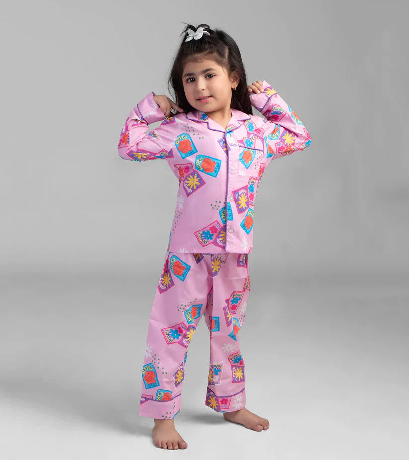 Pink Postcard Printed Girls Nightsuit Set D103