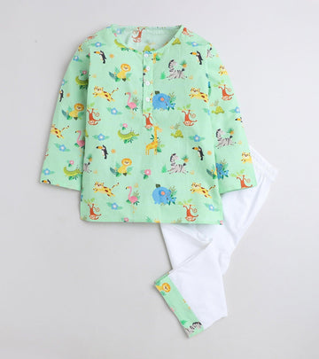 Animal Jungle Printed Green Pyjama Kurta Set D129