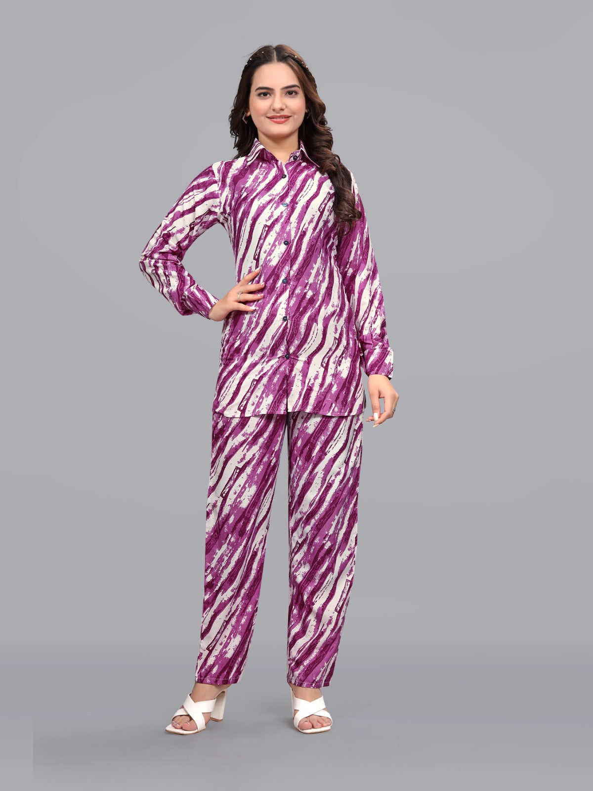 Attractive Stripe Printed Purple  Co-ord  D01200