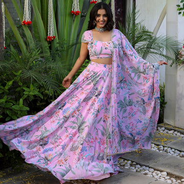 Baby Pink Peacock Printed Stylish Georgette Lehenga Set D5005