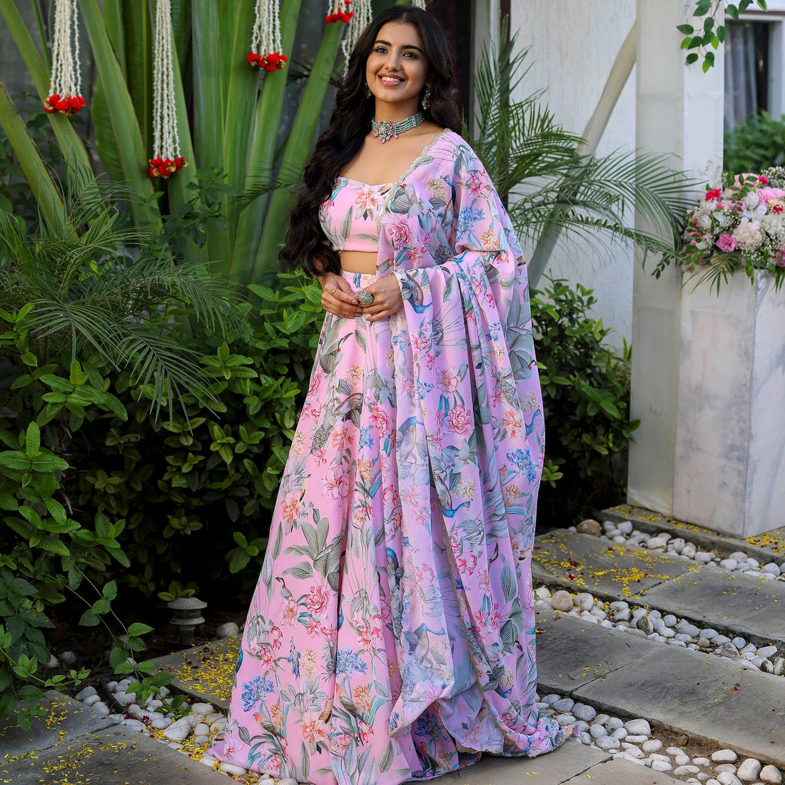 Baby Pink Peacock Printed Stylish Georgette Lehenga Set D5005