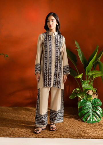 Beige & Black Striped Floral Printed Co-ord Set U7
