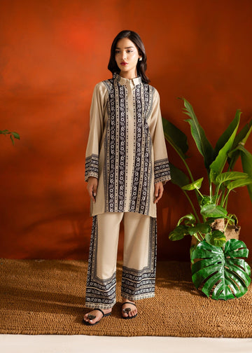 Beige & Black Striped Floral Printed Co-ord Set U7 ub