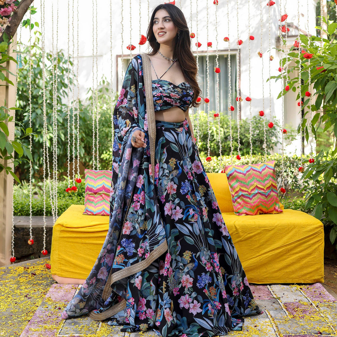 Black Flower Printed Stylish Georgette Lehenga Set 5006