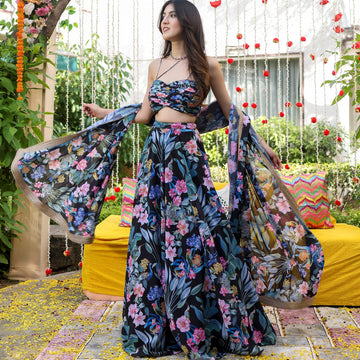 Black Flower Printed Stylish Georgette Lehenga Set 5006