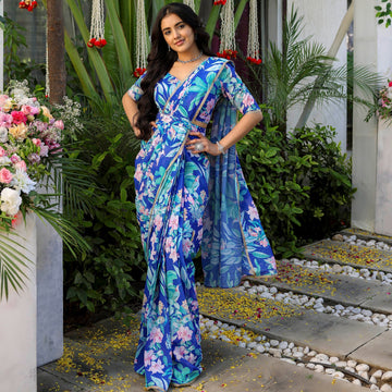 Blue Flower Print Georgette Saree D5011