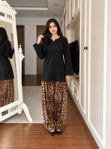 Comfort Fit Black Cotton Kurti with Leopard Print Farshi Co-Ord Set U78