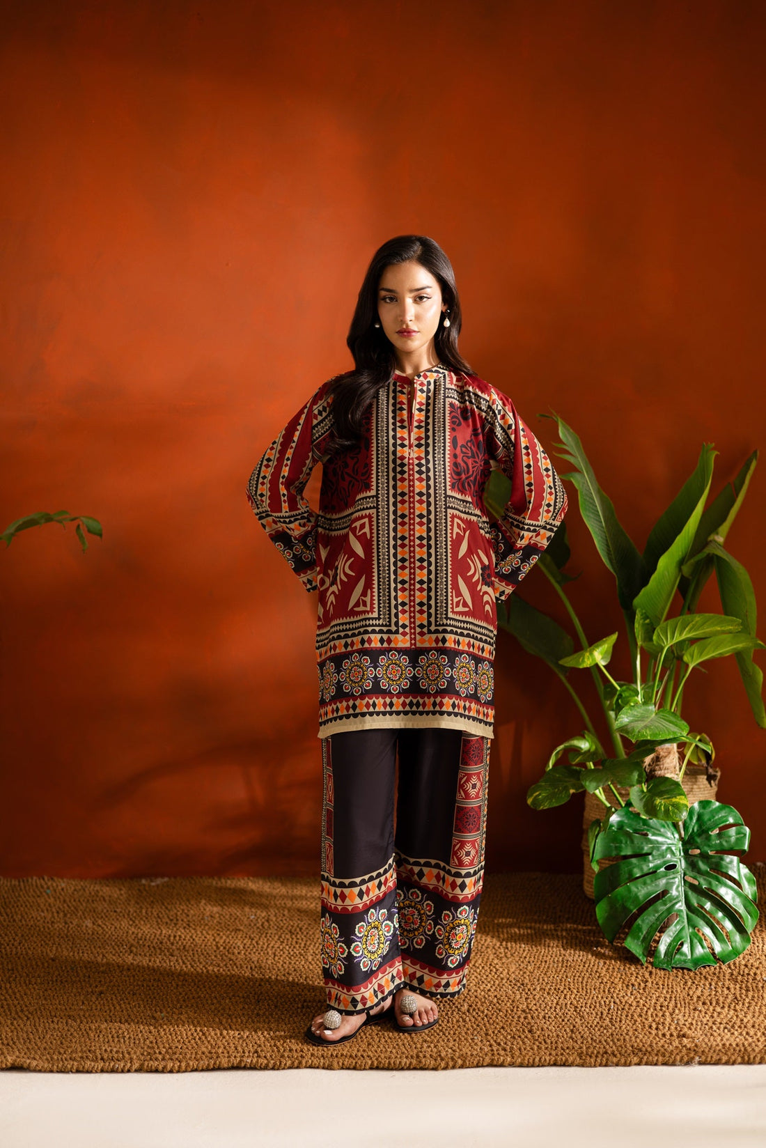 Crimson Charm Geometric & Floral Printed Co-ord set - U4