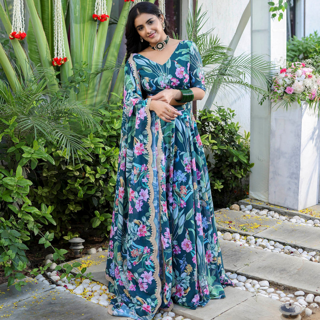 Dark Green Floral Printed Stylish Georgette Lehenga Set D5004