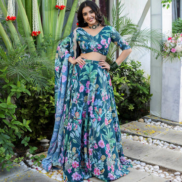 Dark Green Floral Printed Stylish Georgette Lehenga Set D5004