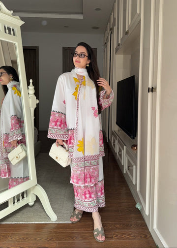 Elegant White Mul Cotton Suit Set with Pink Floral Print & Dupatta U62