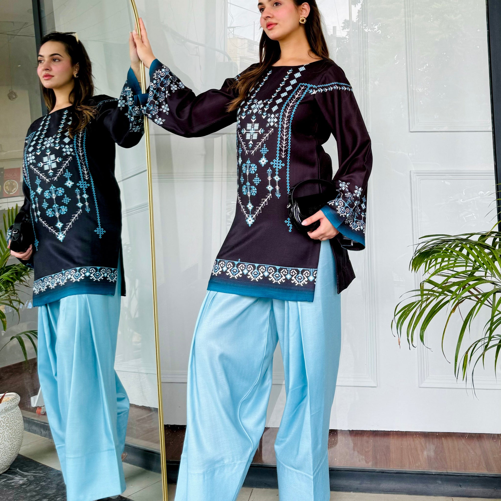 Geometric and Floral motifs Printed Rayon Co-ord Set for Women U32