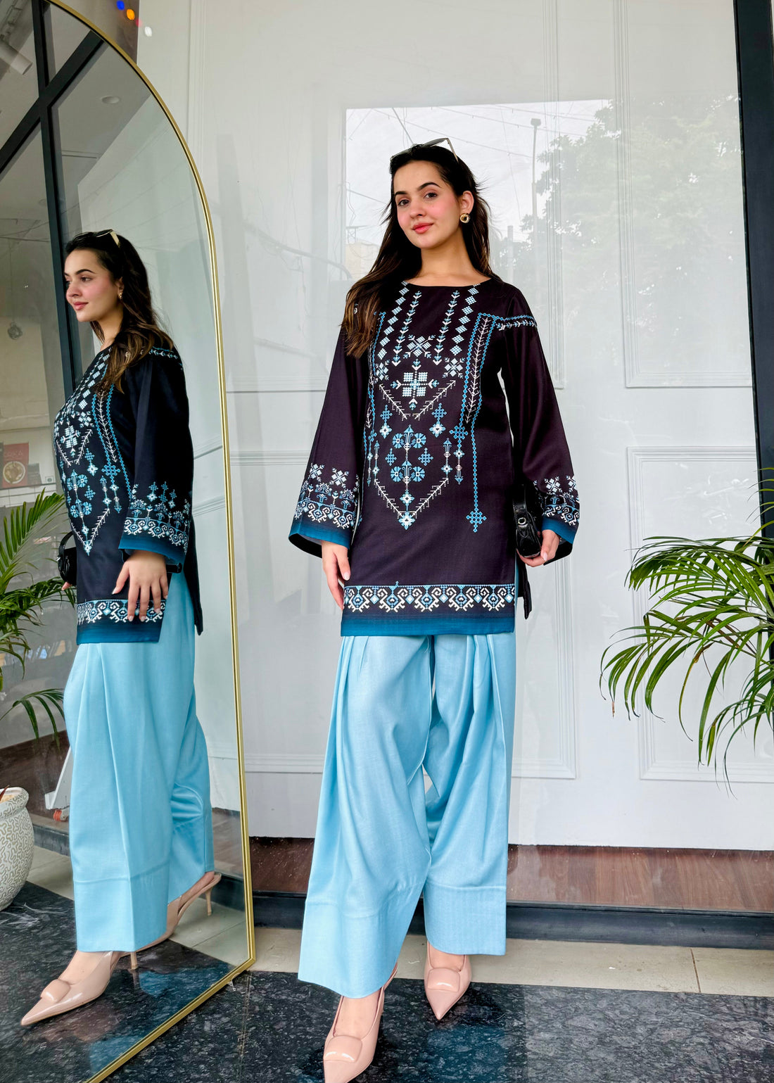 Geometric and Floral motifs Printed Rayon Co-ord Set for Women U32
