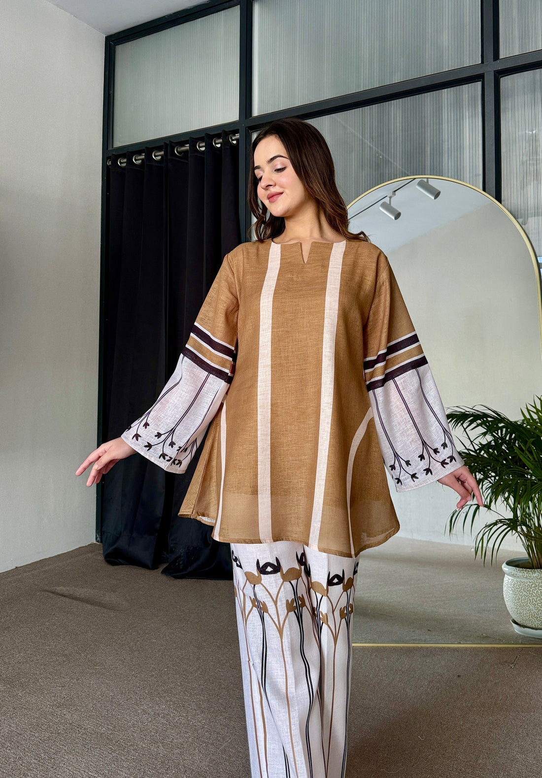 Geometric Floral Printed Linen Co-ord Set for Women U29 ub