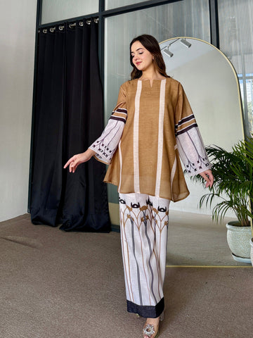 Geometric Floral Printed Linen Co-ord Set for Women U29