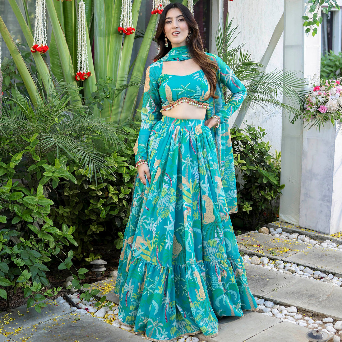 Green Beautiful Printed Stylish Georgette Lehenga Set D5003