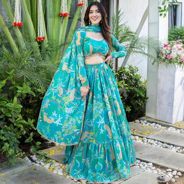 Green Beautiful Printed Stylish Georgette Lehenga Set D5003