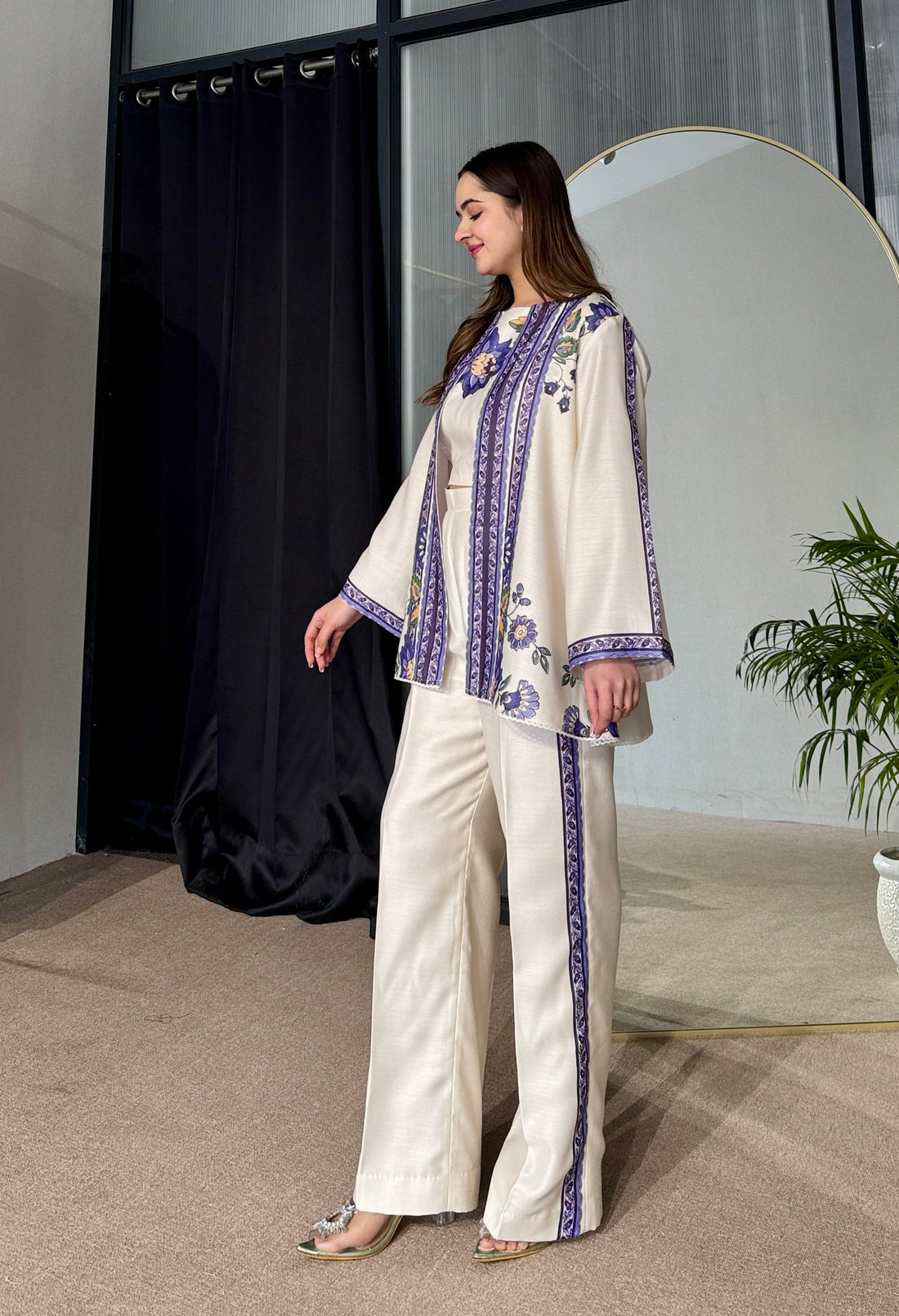 Ivory Floral Printed Three-Piece Co-ord Set with Jacket Overlay U51