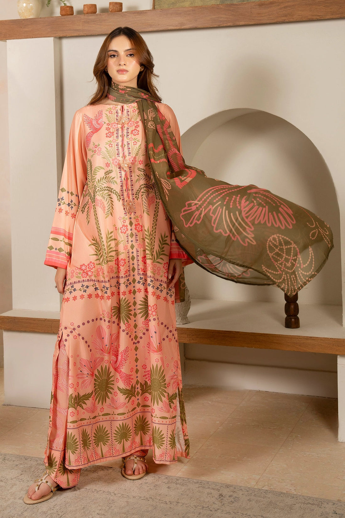 Luxe Peach Tropical Illustrated Co-ord Set with Elegant Dupatta U38-ub