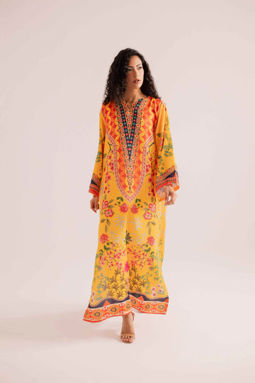 Mustard Yellow Floral Printed Rayon Kaftan | Luxe Comfort U52