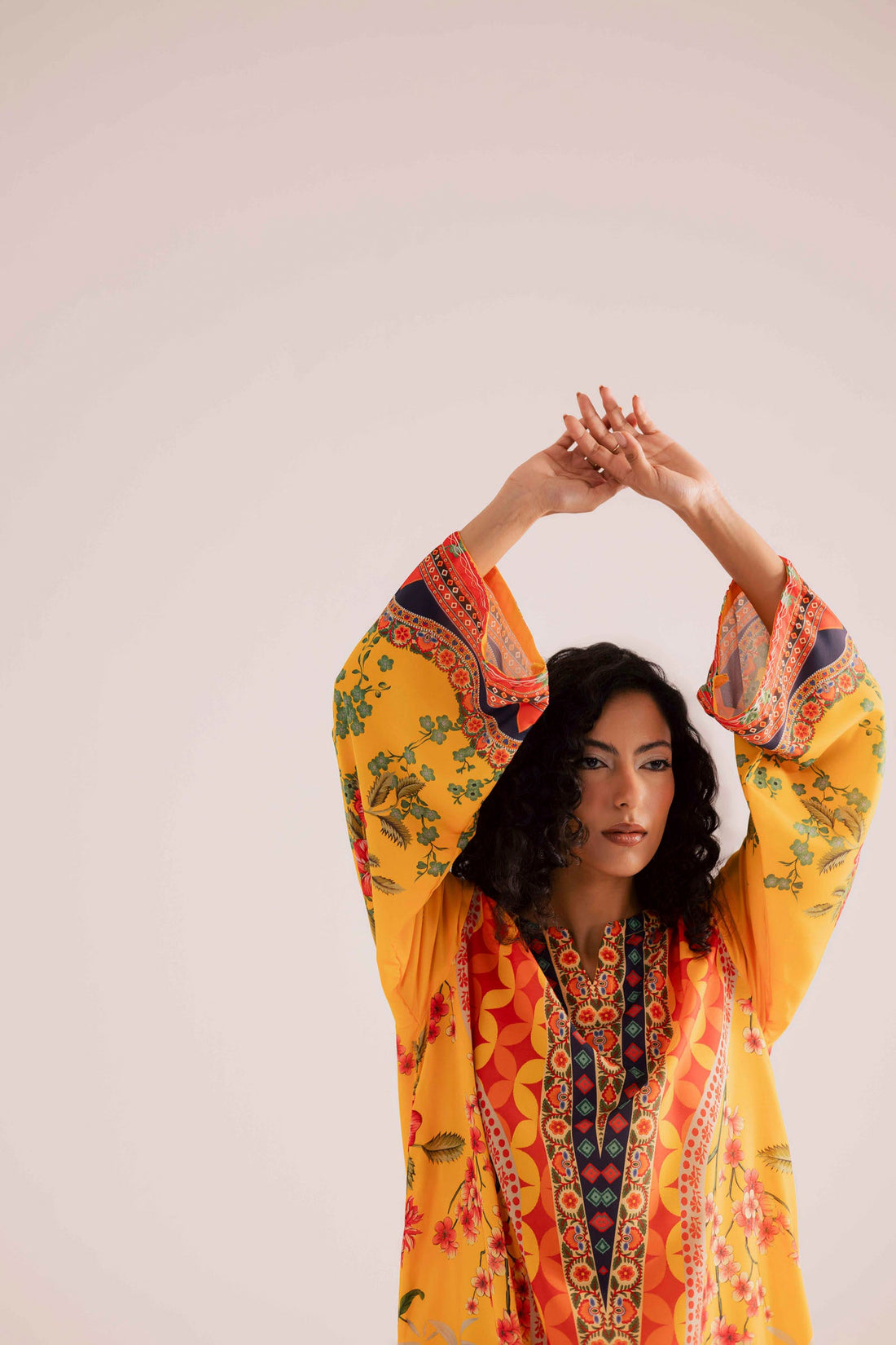 Mustard Yellow Floral Printed Rayon Kaftan | Luxe Comfort U52