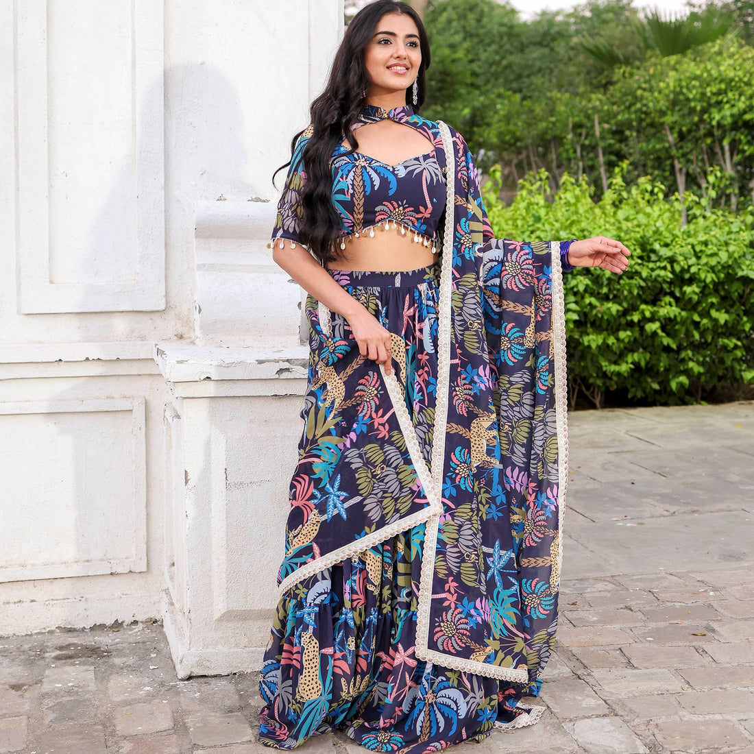 Navy Blue Forest Printed Stylish Georgette Lehenga Set D5001